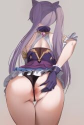 anal_invitation anus anus_peek ass ass_grab bent_over black_panties cunimura1584 double_bun dress female frilled_skirt frilled_sleeves frills from_behind genshin_impact gloves grabbing_own_ass hair_bun highres keqing_(genshin_impact) panties partially_visible_anus purple_gloves purple_hair short_dress skirt spread_anus spread_anus_under_clothes spread_ass spread_butt thigh_gap thighs thong thong_over_anus twintails underwear