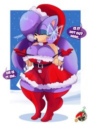 2020 absurd_res accessory anthro belt big_breasts blue_eyes boots breasts christmas christmas_clothing christmas_headwear cleavage clothed clothing collar curvy_figure dialogue digital_media_(artwork) dress english_text eulipotyphlan eyeshadow fan_character female fingers footwear fur future_the_hedgehog gloves hair_accessory hair_ribbon hairbow handwear hat headgear headwear hedgehog hi_res high_heels holidays hourglass_figure huge_breasts inkit89 lavender_body lavender_fur lavender_hair lipstick makeup mammal multicolored_body multicolored_fur ribbons santa_hat sega simple_background snow solo sonic_(series) sonic_the_hedgehog_(series) talking_to_viewer tan_body tan_fur teeth text thick_thighs tongue video_games voluptuous wide_hips winter