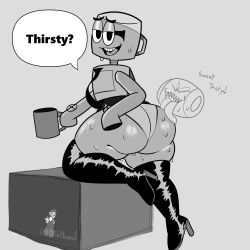 animate_inanimate big_ass big_butt blush bootiehound buckteeth eyewear glasses jackbox_games job_job krekk0v krekkball licking licking_ass m._bubbles monochrome mug nonbinary_(lore) office_lady robot robot_humanoid sweat the_jackbox_party_pack_8 thick_thighs thighhigh_boots tie toony water water_cooler