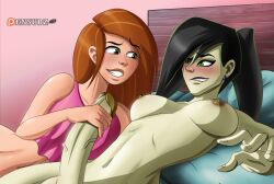 1futa 1girls areolae bed bedroom bedroom_eyes big_breasts big_penis black_hair blush bottomless breasts brown_hair clothed clothing disney disney_channel duo erect_nipples erection female futa_on_female futanari green_eyes handjob human humanoid humanoid_penis kim_possible kimberly_ann_possible light-skinned_female lip_biting looking_at_another nipples nude on_back partially_clothed penis pensubz shego