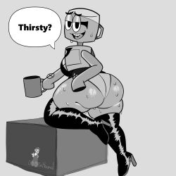 animate_inanimate big_ass big_butt blush bootiehound buckteeth eyewear glasses jackbox_games job_job m._bubbles mug office_lady robot robot_humanoid sweat the_jackbox_party_pack_8 thick_thighs thighhigh_boots tie toony water water_cooler