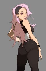 1girls ass dat_ass eyebrow_slits long_hair looking_at_viewer looking_back petite pink_eyes pink_hair porqueloin shaved_side yotahen