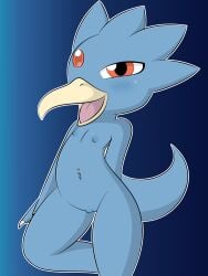 anthro anthrofied avian beak blue_feathers blush dreameclipsewolf female female_focus female_only furry gem golduck navel_piercing nintendo nipples pokémon_(species) pokemon pokemon_rgby pussy red_eyes solo tail