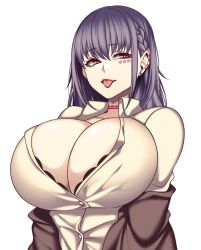 1girls big_breasts black_bra black_jacket blank_background bra bra_peek bra_through_clothes breasts breasts_out brown_jacket bursting_breasts busty camui_kamui_(hz_666v) cleavage collared_shirt cute ear_markings ear_piercing earrings eye_contact eyebrows eyebrows_visible_through_hair eyelashes facial_markings facing_viewer female female_only fully_clothed hi_res high_resolution highres huge_breasts hyper hyper_breasts jacket jacket_partially_removed licking_lips light-skinned_female light_skin looking_at_viewer marking_below_eyes neck_markings off-shoulder_shirt off_shoulder original piercing plain_background purple_eyebrows purple_eyes purple_hair red_eyes seductive shirt simple_background solo straining_buttons symbol-only_commentary teasing teasing_viewer tight_clothing tight_shirt tongue tongue_out top_heavy unbuttoned upper_body voluptuous white_background white_hair white_shirt