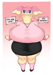 angry anthro audino big_ears black_skirt blue_eyes blush border clothing curvy english_text eyebrows female_pokemon frown glasses high_heels huge_breasts insult light_skin looking_at_viewer necklace pink_shirt pink_skin pokémon_(species) pokemon pov puffed_cheeks puffy_face saltyxodium simple_background skirt socks speech_bubble sweater text thick tight_clothing upset wiggle_lines