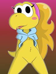 absurd_res anthro bottomless clothed clothing dreameclipsewolf female genitals gradient_background hair hi_res koopa koopie_koo looking_at_viewer mario_(series) navel navel_piercing nintendo open_mouth paper_mario piercing ponytail pussy scalie shirt shirt_only simple_background solo straight_hair tongue tongue_out topwear topwear_only video_games