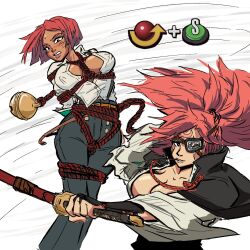 amputee baiken blush bondage brazilian breasts cleavage command_input dark-skinned_female eye_patch giovanna_(guilty_gear) guilty_gear guilty_gear_strive japanese katana kimono light-skinned_female long_hair nipple_bulge open_kimono ponytail red_hair rope rope_bondage short_hair straw_in_mouth