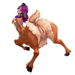 2022 absurd_res anus breasts brown_body brown_fur cervid cervid_taur cloven_hooves crotchboobs female full-length_portrait fur genitals hair hbdhl hi_res hooves humanoid_only league_of_legends lillia_(league_of_legends) mammal mammal_taur nude portrait puffy_anus purple_hair pussy rear_view riot_games simple_background solo taur video_games white_background