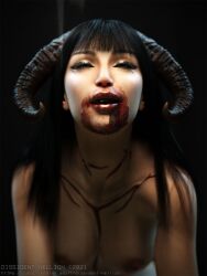 1girls 3d black_hair blood bloodstain curved_horn demon demon_girl depth_of_field dissidenthellion female female_only horn lillith_(dissidenthellion) long_hair medium_breasts nude nude_female original original_character slushe_(website) solo solo_female