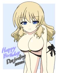 alternate_hairstyle bangs bikini birthday blue_background border breasts character_name cleavage closed_mouth commentary darjeeling dated english_text eyebrows_visible_through_hair female girls_und_panzer hair_down half-closed_eyes hands_on_own_knees happy_birthday highres ichinose_jun large_breasts leaning_forward long_hair looking_at_viewer o-ring o-ring_bikini outside_border side-tie_bikini skindentation smile solo standing strapless strapless_bikini swimsuit white_border