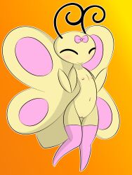 antennae anthro blush bow bug_fables butterfly butterfly_wings closed_eyes dreameclipsewolf female insect_girl insects isau_(bug_fables) orange_background smile solo thighhighs wings