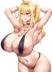 ahoge areola_slip areolae armpits arms_behind_head bangs bikini blonde_hair blush borrowed_character breasts cleavage collar collarbone dantes_ward earrings eyebrows_visible_through_hair female hair_between_eyes hair_ornament haks heart heart_hair_ornament highres huge_breasts jewelry large_breasts licking_lips long_hair navel navel_piercing original piercing revealing_clothes saaya_(kirome) simple_background smile solo swimsuit tongue tongue_out twintails virtual_youtuber white_background