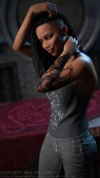 1girls 3d arm_tattoo clothed clothing dark-skinned_female dark_skin depth_of_field dissidenthellion female female_only kim_(dissidenthellion) nose_ring original pinup slushe_(website) solo solo_female tattoo