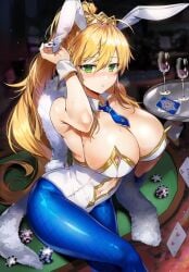 artoria_pendragon artoria_pendragon_(swimsuit_ruler) blonde_hair blush bunny_ears bunny_girl bunnysuit busty detached_collar fate_(series) fur_boa gijang green_eyes necktie painted_nails playing_cards poker_chip poker_table rabbit_ears serving_tray wine_glass