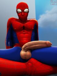 1boy anthro balls big_penis clothing costume erection genitals hermesdidit hi_res human low-angle_view male male_only mammal marvel outside penis simple_background smooth_skin solo spider-man spider-man_(series)