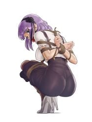 1girls 2018 alternate_version_available arms_behind_back ass ball_gag black_hairband black_skirt blue_eyes bondage bondage bondage bound bound_wrists breasts brown_legwear covered_nipples dagashi_kashi drooling female female female_focus female_only frilled_sleeves frills from_behind full_body gag gagged hairband high-waist_skirt high_heels highres long_skirt looking_back medium_breasts pantyhose pantylines purple_hair reptileye rope saliva shibari_over_clothes shidare_hotaru shirt short_hair short_sleeves sidelocks simple_background skirt solo solo_female squatting tiptoes tsurime white_background white_footwear white_shirt