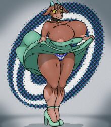 animal_crossing areola_slip breasts cameltoe collar dress_lift female fur goat high_heels horns huge_breasts nintendo nipple_bulge pashmina_(animal_crossing) thick_thighs video_games wide_hips xartknight