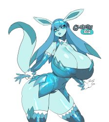 1girls 2022 anthro big_breasts blue_body blue_hair blue_lips blue_skin breasts cleavage clothed clothing eeveelution english_text eyebrows eyebrows_visible_through_hair female female_anthro female_only fully_clothed glaceon gloves hi_res huge_breasts legwear light_blue_skin looking_at_viewer maniacpaint nintendo panties pokémon_(species) pokemon shiny_clothes shiny_skin simple_background skindentation solo tail text thighhighs underwear video_games white_background