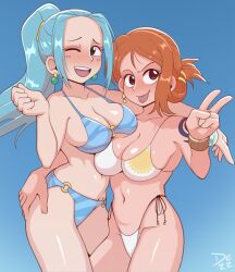 2girls :p big_breasts bikini blue_hair dezz female female_only nami nefertari_vivi one_eye_closed one_piece orange_hair peace_sign ponytail pre-timeskip standing thick_thighs