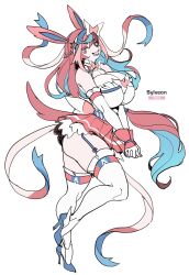 anthro ass big_breasts breasts cleavage clothed clothing eeveelution female fully_clothed garter_straps hair hi_res high_heels legwear maniacpaint nintendo one_eye_closed pink_hair pokémon_(species) pokemon simple_background solo sylveon thigh_highs video_games white_background wink