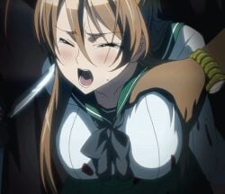 1boy animated artist_request blood bouncing_breasts breast_grab breasts brown_hair female grabbing groping highschool_of_the_dead knife large_breasts molestation rei_miyamoto school_uniform screencap serafuku stitched third-party_edit watch wristwatch