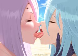 2girls beach blacksaikou close-up closed_eyes french_kiss harpy kissing monster_girl monster_musume_no_iru_nichijou multiple_girls outdoors papi_(monster_musume) rachnera_arachnera spider_girl tagme yuri