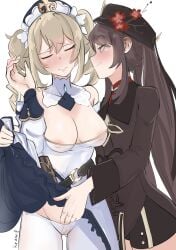 2girls absurdres barbara_(genshin_impact) blonde_hair blush breasts brown_hair closed_eyes clothes_lift dress drill_hair fingering genshin_impact half-closed_eyes hand_up hat highres hu_tao_(genshin_impact) long_sleeves masturbation multiple_girls naughty_face nipple_slip nipples nun pantyhose red_eyes rroar8 shorts simple_background skirt skirt_lift smile sweatdrop top_hat twin_drills twintails white_background white_dress white_legwear yuri