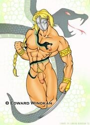 1boy abs asmodis_(artist) bara blonde blonde_hair blonde_pubic_hair capcom edward_winokan eight_pack flaccid flaccid_penis human human_only long_hair long_hair_male long_ponytail looking_at_viewer male male_focus male_nipples male_only mask mask_only masked masked_male muscular muscular_male muscular_thighs naked nipples nude nude_male pecs pectorals penis ponytail pose posing pubic_hair six_pack snake solo solo_focus solo_male standing street_fighter tan tan_skin tattoo tattoo_on_chest tattoo_on_thigh tattooed_chest tattooed_thigh tied_hair toned toned_body toned_male vega_(street_fighter)