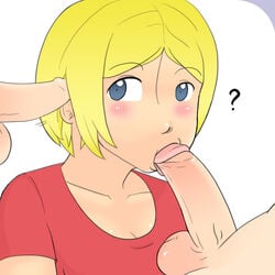 2d 2d_(artwork) balls blonde_female blonde_hair blonde_hair_blue_eyes blowjob blue_eyes chin_length_hair earjob el_goonish_shive faceless_male fellatio female female_focus hetero human human_only light-skinned_female light-skinned_male light_skin male nobody_in_particular oral oral_sex penis purple_background question_mark red_t-shirt sarah_brown simple_background straight sucking_tip t-shirt testicles webcomic white_background