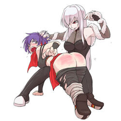 albino ass catfight catfox22 clothing color freia_kagami hair hand_on_head head_grab kobayakawa_shiho open_mouth pants_pulled_down papa purple_hair red_ass red_eyes spanking violence wrestle_angels wrestle_angels_survivor