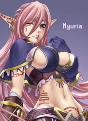 1girls blue_eyes breasts cape character_name clothing crop_top curvy earrings elf erect_nipples erect_nipples_under_clothes female gloves jewelry large_breasts lipstick long_hair makeup melt_up midriff myuria_tionysus navel pink_hair pointy_ears purple_background sadakage sideboob solo star_ocean star_ocean_4 star_ocean_the_last_hope tattoo very_long_hair wink