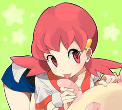 1girls abstract_background agemono bad_id bovine clothes female green_background gym_leader hair human imminent_oral interspecies licking looking_up lowres miltank nintendo oral pink_eyes pink_hair pokemon pokemon_gsc pokephilia red_hair sexually_suggestive shorts stars tongue tongue_out udders whitney_(pokemon)