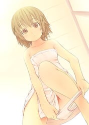 brown_eyes brown_hair dressing hidamari_sketch naked_towel nekoge panties panties_around_one_leg panty_pull short_hair towel underwear undressing yuno