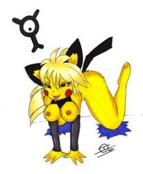 2010 anthrofied blonde_hair breasts female ivanks long_hair nintendo pichu pokemon pokemon_adventures pokemon_rgby pokemon_transformation pokemorph ponytail transformation unown yellow_(pokemon)