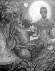 armor breasts dark_seducer looking_at_viewer looking_back mazken monochrome nipples nude oblivion outdoors pencil_(artwork) spring tagme the_elder_scrolls traditional_art