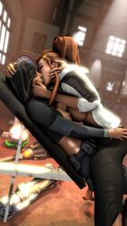 2girls 3d areolae big_breasts breasts brigitte brigitte_lindholm dark-skinned_female dark_skin fareeha_amari female female_only interracial kissing large_breasts mervionn nipples overwatch pharah source_filmmaker tattoo yuri