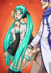 ass breasts buttjob clothes_penetration cum cum_in_panties cum_wearing cum_wearing_(panties) cumdrip ejaculation erect_nipples erection grinding hatsune_miku kaito_(vocaloid) outercourse penis penis_in_panties spidu vocaloid zettai_ryouiki