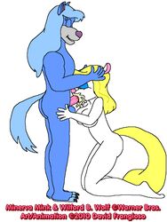 2010 animaniacs animated anthro fellatio female interspecies male minerva_mink mink sex side_view straight tagme wilford_wolf wolf