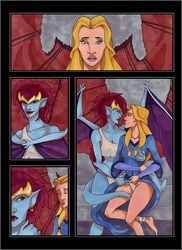 2girls blonde_hair blue-skinned_female blue_skin comic demona disney female female_only gargoyles human human_on_humanoid humanoid interspecies interspecies_yuri lady_finella light-skinned_female light_skin mature mature_female multiple_girls vp vp1940