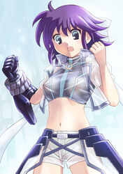 breasts headband kouno_hikaru lyrical_nanoha mahou_shoujo_lyrical_nanoha mahou_shoujo_lyrical_nanoha_strikers midriff navel nipples no_bra open_mouth purple_hair revolver_knuckle see-through short_hair shorts single_glove subaru_nakajima