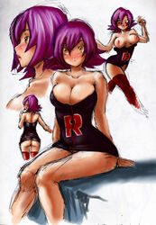 ass blush breasts dress female female_only gym_leader highres human nintendo ono-fire pokemon purple_hair sabrina_(pokemon) short_hair solo team_rocket yellow_eyes