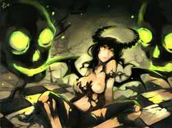 1girls black_rock_shooter breast_grab breasts chains dead_master female green_eyes horns long_hair navel nipples self_fondle sitting skull solo torn_clothes wings zhuxiao517