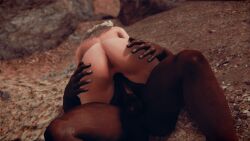 3d 3d_(artwork) anus ass ass_grab big_ass big_breasts big_butt blue_eyes breasts couple cowgirl_position dark-skinned_male dark_skin elf elf_ears female female_on_top interracial large_breasts male muscular_female muscular_male pointy_ears pussy riding seirne sex skyrim the_elder_scrolls vaginal vaginal_penetration vaginal_sex white_hair