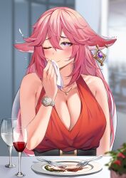 1girls alcohol anthro blush breasts cleavage cutlery date dinner dinner_date dress drink esencey food fox_ears fox_girl furry genshin_impact highres jewelry large_breasts looking_at_viewer necklace pink_hair pov purple_hair red_dress smile upper_body watch wine wine_glass wink yae_miko