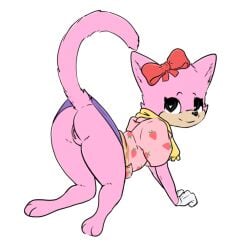 anthro domestic_cat felid feline felis female flat_chested fur genitals mammal minzemilk pancake_(toontown) pink_body pink_fur pussy solo toontown_cat toontown_corporate_clash toontown_online