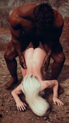 3d 3d_(artwork) abs ass ass_up big_ass big_breasts big_butt blue_eyes breasts bulldog_position couple dark-skinned_male dark_skin doggy_style elf elf_ears female interracial large_breasts male muscular_male pointy_ears seirne sex skyrim the_elder_scrolls top-down_bottom-up white_hair