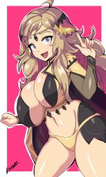 1girls :d absurdres ahoge alternate_breast_size asymmetrical_bangs bangs bare_midriff bare_thighs blonde_hair breasts bridal_gauntlets cape circlet cleavage commission curvy female female_only fire_emblem fire_emblem_fates grey_eyes highres huge_breasts long_hair looking_at_viewer midriff navel nintendo open_mouth ophelia_(fire_emblem) panties pink_hair senak012 shortstack smile solo thick_thighs thighs turtleneck underwear upper_body voluptuous yellow_panties