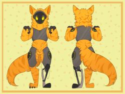 animal_genitalia anthro balls chibi fully_sheathed fur genitals machine male model_sheet orange_body orange_fur prosthetic prosthetic_limb protogen quest_(xenoyia) sheath solo whitefrog725