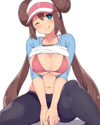 1girls 2022 amane_hasuhito belly_button bikini_top blue_eyes blush breasts brown_hair cleavage female female_only hasu_(hk_works) hat hips huge_breasts leggings long_hair looking_at_viewer nintendo pantyhose pink_bikini_top pokemon pokemon_bw2 rosa_(pokemon) shirt_lift simple_background slim_waist smile thick_thighs thighs tight_fit tights tongue tongue_out top_lift twin_buns twintails visor visor_cap white_background white_hat wide_hips wink