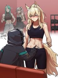 +++ 1other 3girls =_= abs absurdres animal_ear_fluff animal_ears arknights athletic bangs bare_shoulders bike_shorts black_jacket black_shorts black_sports_bra blonde_hair blush breasts collarbone doctor_(arknights) dumbbell flying_sweatdrops green_hair grey_pants gwangvt gym hand_on_hip highres hood hooded_jacket horns hoshiguma_(arknights) jacket korean_text long_hair medium_breasts midriff multiple_girls muscular muscular_female navel nearl_(arknights) pants poking poking_belly ponytail saria_(arknights) shorts single_horn speech_bubble sports_bra standing stomach sweat sweatpants tail thumbs_up triangle_mouth yellow_eyes